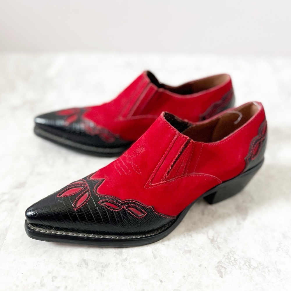 Vintage Nine West Western Boho Red Leather Suede Ankle Boots 7.5 Booties Twee